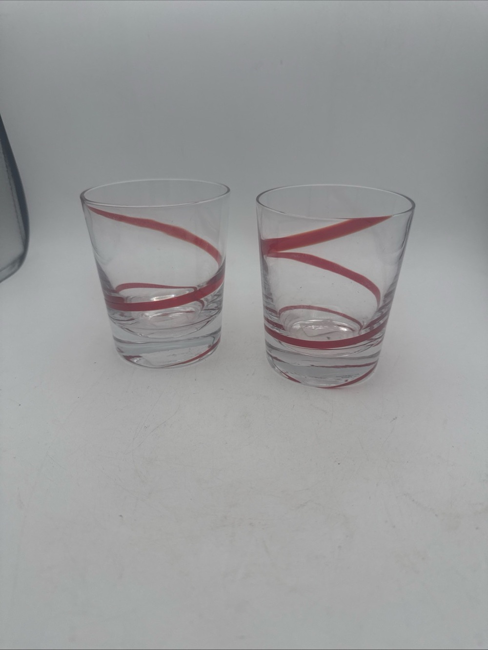 Set of 2 Pier 1 Red Swirline Double Old Fashioned Glasses Clear Hand Blown NWT